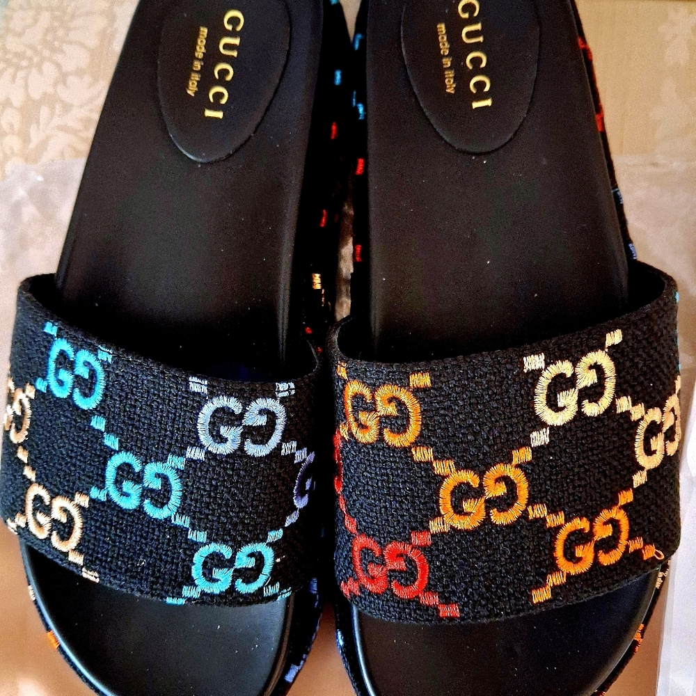 Gucci Angelina Multicolor Embroidered Platform Sandals Size EU44/11 - Picture 7 of 12